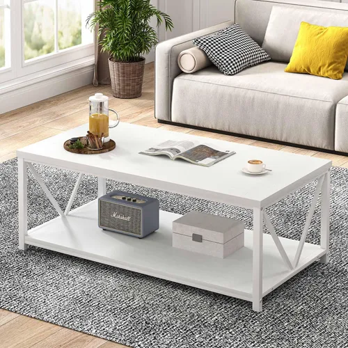 Miniatura 15 de EXCEFUR Mesa auxiliar, mesa de sala de estar de madera rústica y metal, mesa central rectangular industrial con estante de almacenamiento, 47 Gris