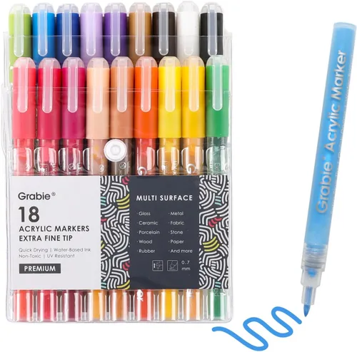 Grabie - Rotuladores de pintura acrílica, 18 colores, 0.7 mm, punta extra fina, rotuladores de dibujo, rotuladores de pintura premium para pintar en