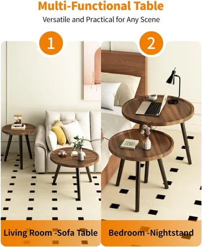 Miniatura 4 de Juego de 2 mesas de centro redondas anidadas, mesa de té de nogal para espacios pequeños, mesa central circular de madera con acanaladas, mesas