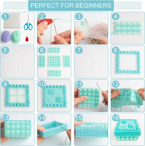 Miniatura 4 de FREEBLOSS Juego de 4 cajas de lona de plástico, kit de lona de plástico para principiantes, hojas de lona de malla e hilo de 6 colores para bordar
