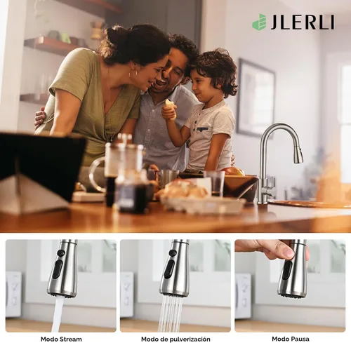 Miniatura 3 de Grifo de cocina con rociador extraíble, grifo de níquel cepillado de arco alto, de una sola manija, de acero inoxidable, 3 modos