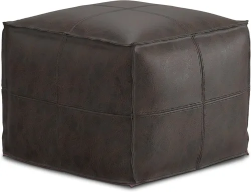 SIMPLIHOME Sheffield - Puf cuadrado de 18 pulgadas de ancho x 14 pulgadas de alto de cuero genuino en marrón oscuro envejecido, reposapiés estilo