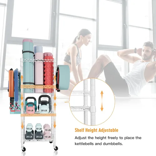 Miniatura 4 de FUTASSI Almacenamiento para Gimnasio en Casa, Organizador de Equipo de Entrenamiento de 3 Niveles con Ruedas para Esterillas de Yoga, Rodillo