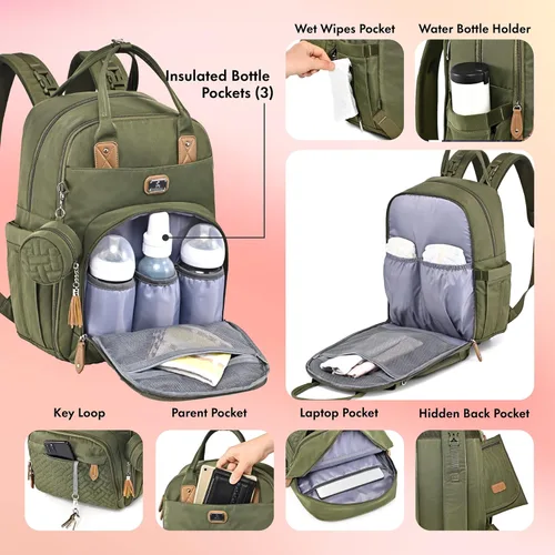 Miniatura 4 de Dikaslon Mochila para pañales con cambiador portátil, funda para chupete y correas para cochecito, bolsas de bebé unisex grandes para niños y niñas
