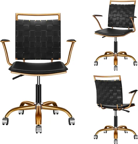 Miniatura 5 de Silla de escritorio negra y dorada, silla giratoria ergonómica de escritorio para computadora con brazos, silla ergonómica de cuero negro