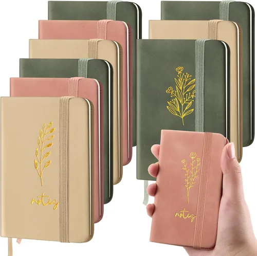 Qeeenar Paquete de 10 cuadernos de bolsillo de cuero de tapa dura, mini diarios rayados de 4 x 2.5 pulgadas, diseño de hojas doradas, 50 hojas