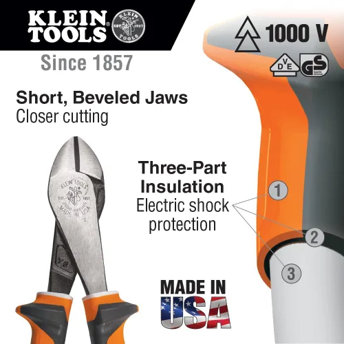 Miniatura 2 de Klein Tools 200048EINS Alicates fabricados en EE. UU., Alicates de corte diagonal aislados con cabeza en ángulo y empuñaduras aisladas nominales