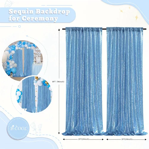 Miniatura 5 de B-COOL Cortinas de Fondo de Lentejuelas Azul Bebé 2 Piezas 2ftx8ft Fotografía para Fiestas Fondo Brillante Cortinas para Prom Bodas Baby Shower