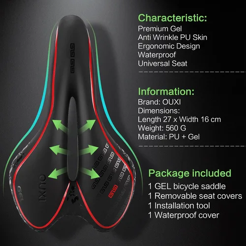 Miniatura 2 de OUXI Asiento de Bicicleta Cómodo Sillín de Bicicleta de Gel Cómodo de Repuesto Suave Acolchado con Absorción de Impactos Impermeable para MTB Rojo