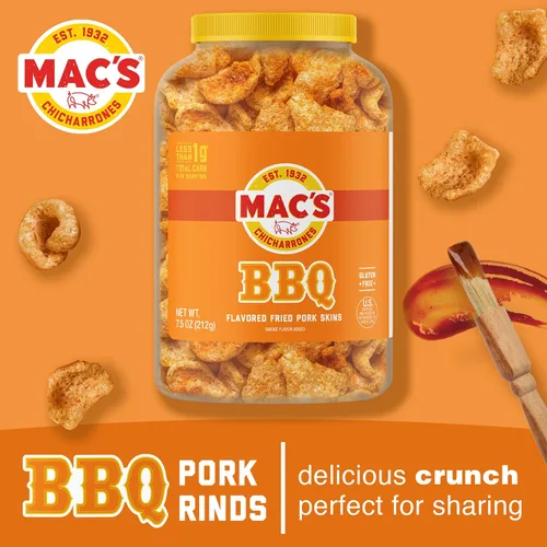 Miniatura 3 de Mac's Pieles de cerdo fritas a la barbacoa, chicharrones con sabor a barbacoa, bajo en carbohidratos, sin gluten, aperitivo apto para dieta