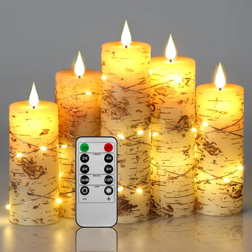 Miniatura 3 de Da by Velas LED pintadas a mano con diseño en relieve de corteza de abedul, juego de 5 velas (alturas: 4", 5", 6", 7", 8") alimentadas por