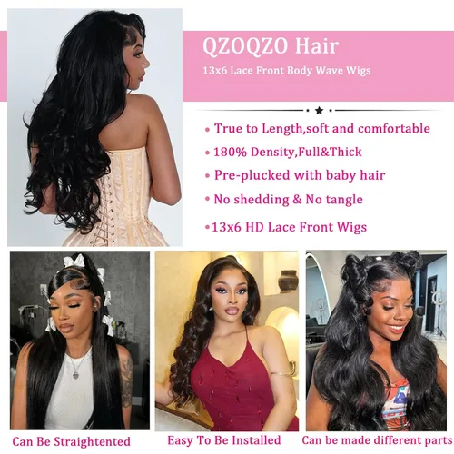 Miniatura 3 de QZOQZO Pelucas de encaje frontal 13x6 de cabello humano, prearrancadas, densidad del 180%, onda corporal, HD, frontal de encaje, sin pegamento
