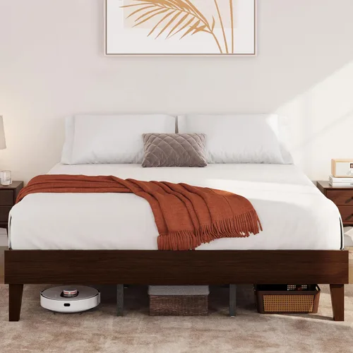 Miniatura 14 de Yaheetech Base de cama Queen con plataforma de madera maciza natural con soporte de listones de madera, espacio debajo de la cama de 7.3 pulgadas