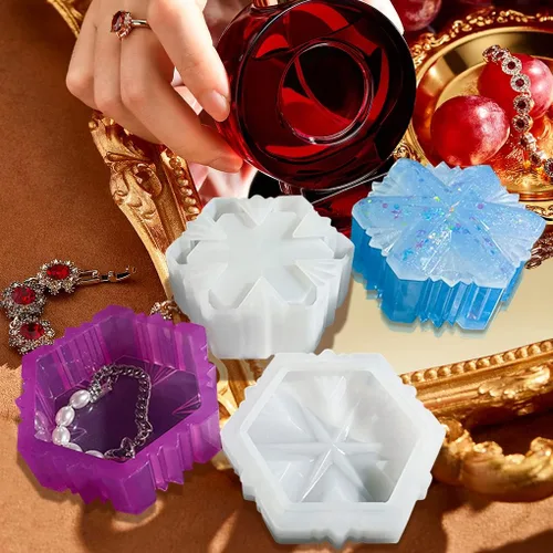Miniatura 5 de Molde de resina para caja de copo de nieve, molde de silicona para tarro de joyería de Navidad con tapa, molde de fundición epoxi