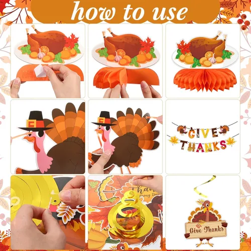 Miniatura 4 de Blosssound 29 piezas de decoraciones de fiesta de Acción de Gracias – Centros de mesa de nido de abeja de hoja de arce de pavo y calabaza, pancartas