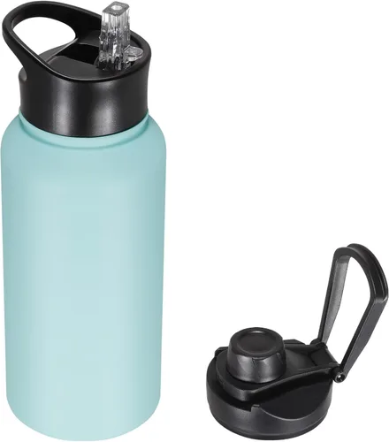 Miniatura 18 de Botella de agua aislada de 64 onzas con tapas de pajita y boquilla, jarra de agua de acero inoxidable de medio galón con mango de paracord, vacío