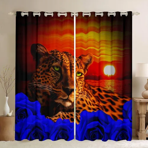 Miniatura 28 de Erosebridal Cortinas de Rosas Rojas 3D Tratamientos para Ventanas de Guepardo, Paneles de Cortinas con Estampado de Gato Leopardo para Sala