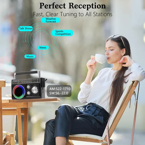 Miniatura 6 de Radios portátil AM FM, radio portátil retro con altavoz Bluetooth y linterna, recepción fuerte con luces de humor coloridas, tarjeta TF, energía