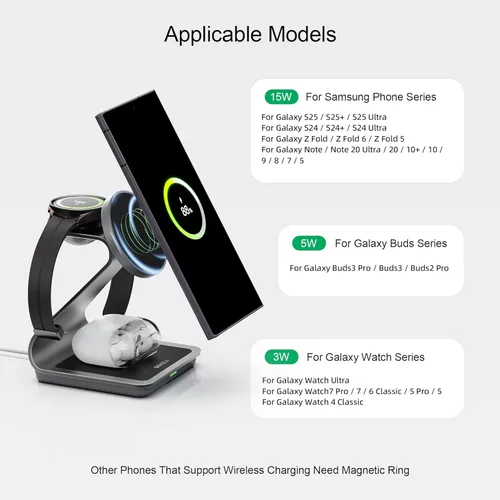 Miniatura 2 de Cargador inalámbrico para Samsung: Estación de carga inalámbrica magnética 3 en 1 para Samsung S26 S25 S24 Ultra S23 S22, soporte de muelle
