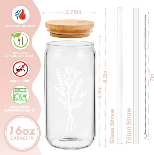 Miniatura 3 de Bonitas tazas de vidrio con tapas y pajitas, taza de café helado estética, tazas de flores, vaso personalizado con pajilla, regalos de cumpleaños