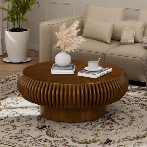 Miniatura 13 de Mesa de centro de tambor de 31.5 pulgadas, moderna y única, mesa de té acanalada, mesa de centro redonda de madera contemporánea con mesa central