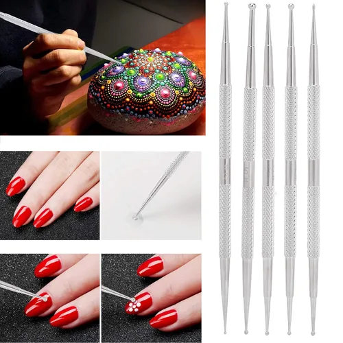 Miniatura 6 de Juego de 5 bolígrafos punteados para arte de uñas de doble extremo, herramientas de pintura de puntos de acero inoxidable de 2 vías para manicura