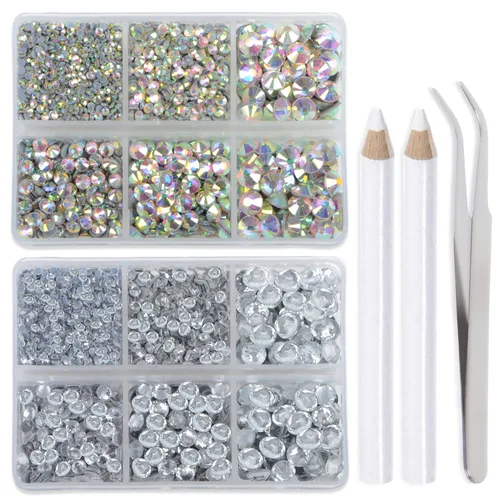 Miniatura 11 de LPBeads 6400 unidades de diamantes termoadhesivos de 12 colores con parte trasera plana, 5 tamaños mixtos, gemas de cristal redondas con pinzas