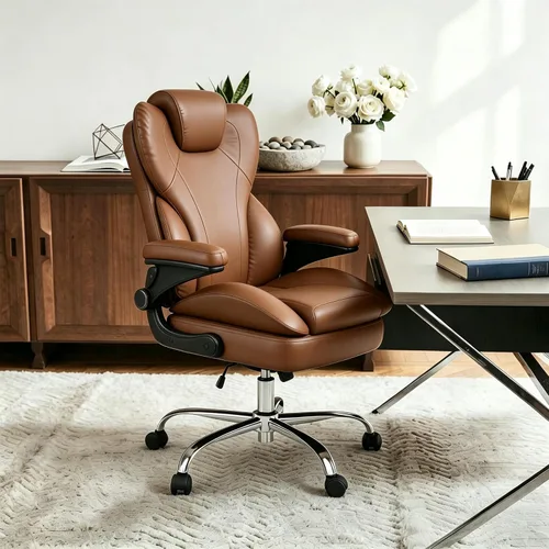 Miniatura 9 de Silla de escritorio de oficina, silla de oficina ejecutiva de cuero, silla de escritorio ergonómica de respaldo alto con brazos abatibles Marrón