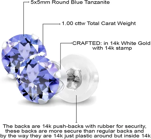 Miniatura 6 de Aretes de oro blanco de 14K macizo con tanzanitas redondas, claridad AAA, de 5 mm, 1.00 Ct.