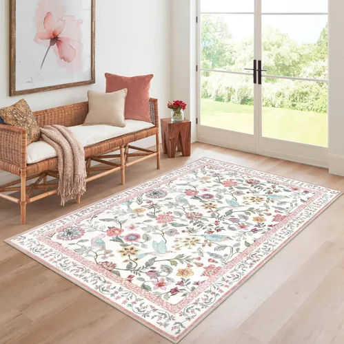 Miniatura 16 de Rugalia Alfombra de pasillo floral azul, alfombra lavable de 2 x 6 pies para pasillos, antideslizante, suave, de pelo bajo, con flores, pájaros, Rosa