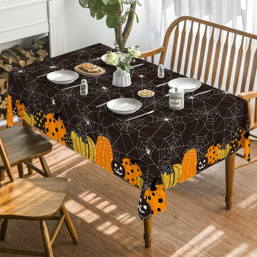 Miniatura 2 de Horaldaily Mantel rectangular de Halloween de 52 x 70 pulgadas, diseño de telaraña de calabaza con temática de miedo, color negro, lavable