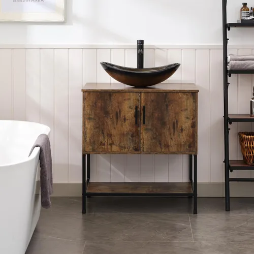 Miniatura 16 de UEV Tocador de Baño de Roble Rústico de 24" con Lavabo, Conjunto de Gabinete de Baño con Marco de Hierro Industrial con Puertas y Estante, con Combo