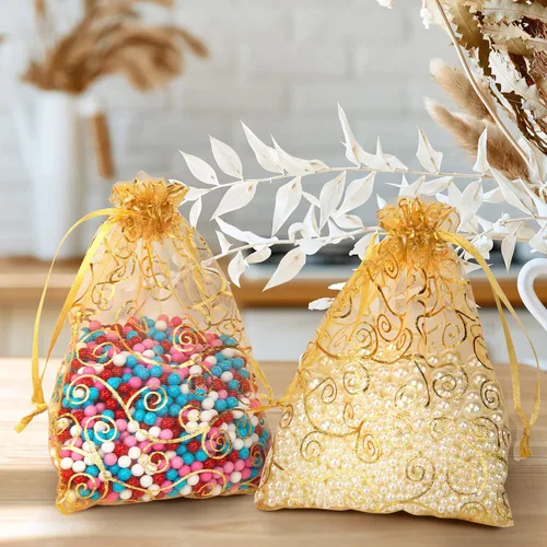 Miniatura 6 de Staruby Bolsas de Regalo de Organza 50 Piezas Doradas Bolsas de Organza Transparente 6x8 Pulgadas Bolsas de Malla para Obsequios con Cordón para 50