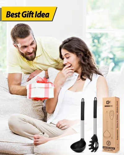 Miniatura 7 de Set de tenedor de pasta y cucharón de silicona, utensilios de cocina grandes antiadherentes para cocinar, remover, servir espaguetis, sopa, salsa
