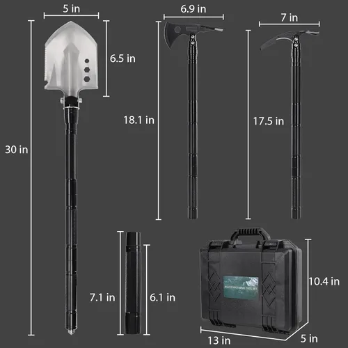 Miniatura 5 de Pala de supervivencia plegable – 30 pulgadas de acero al carbono resistente 14 en 1, herramienta táctica de entrenamiento de hacha con caja