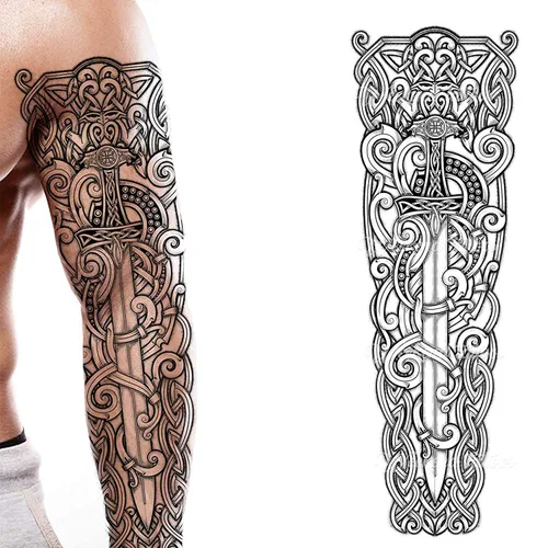 Miniatura 12 de 2 tatuajes temporales con hacha vikinga, dragón, nórdico, palo negro, tribal, bárbaro, celta, guerrero, en el cuerpo, pegatina de transferencia