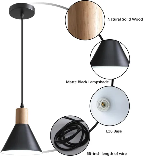 Miniatura 5 de Luces colgantes, paquete de 3 lámparas colgantes de techo de madera maciza, moderna iluminación colgante negro mate para cocina, sobre isla