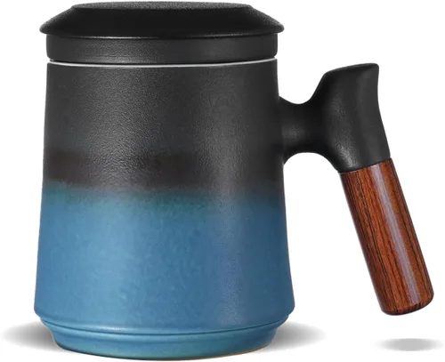 Miniatura 12 de ZENS Taza de Té de Cerámica en Relieve con Infusor y Tapa, 14.5 oz, Asa de Madera, Tazas Infusoras de Té de Hojas Sueltas y Colador para Regalos