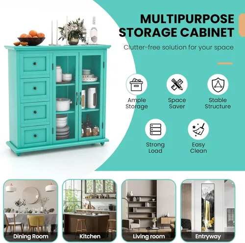 Miniatura 9 de LOKO Aparador de buffet, armario de almacenamiento de cocina, armario de 2 puertas con 4 cajones, estante ajustable y dispositivo antivuelco