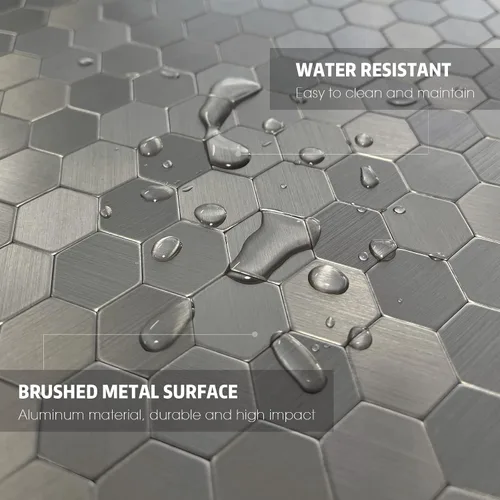 Miniatura 7 de Protector contra salpicaduras de acero inoxidable hexagonal despegar y pegar, azulejos de pared autoadhesivos de aluminio despegar y pegar