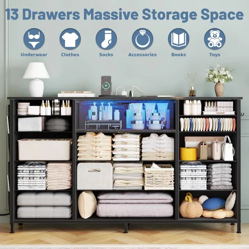 Miniatura 3 de HCHQHS Cómoda de 47 pulgadas para dormitorio con 13 cajones, bolsillos laterales, ganchos y luces con control remoto, pasillo, armario, cocina, Negro