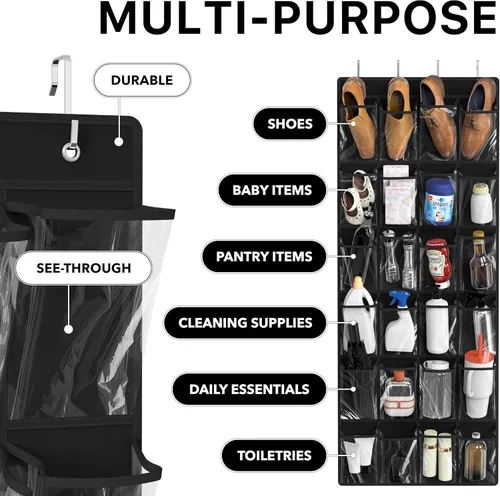 Miniatura 4 de Simple Houseware - Organizador de zapatos colgante con 24 bolsillos grandes y transparentes para colgar en la puerta, color negro