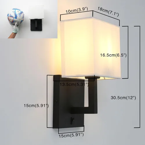 Miniatura 2 de PERMO Aplique de una sola pared con acabado negro con pantallas textiles blancas y botón de interruptor de encendido/apagado, pequeñas lámparas