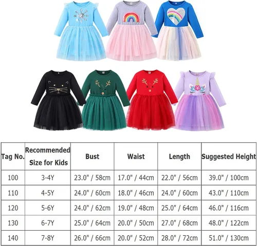 Miniatura 7 de Vestido de fiesta de cumpleaños de princesa de manga larga con estampado de unicornio, reno y arco iris, ropa de invierno y otoño