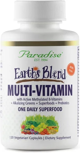 Paradise Herbs Earth's Blend Once Daily Multivitamínico con hierro, 48 superalimentos orgánicos, probióticos, antioxidantes, vitaminas A, B12, C, D,