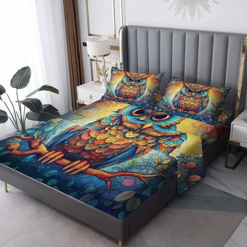Miniatura 7 de Juego de sábanas de búho tamaño individual, sábanas de microfibra suave y bolsillo profundo, sábanas y fundas de almohada estampadas sin arrugas, 3