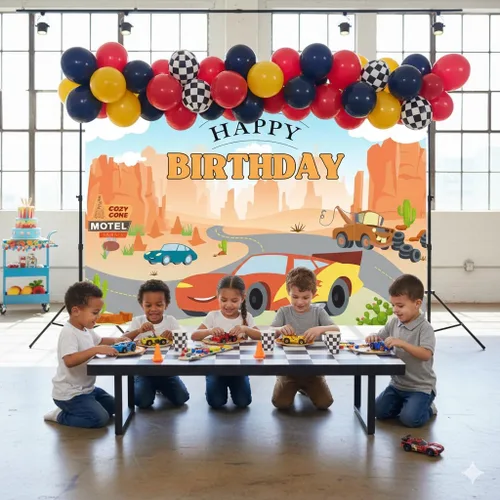 Miniatura 5 de Ticuenicoa Telón de fondo de cumpleaños de auto de carreras de 5 x 3 pies, decoración de fiesta de cactus del desierto de dibujos animados