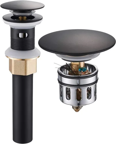 REGALMIX Desagüe para Lavabo de Recipiente, Grifo de Baño Desagüe Pop Up para Lavabo de Recipiente, Colador Anti-Obstrucción Integrado, con Negro