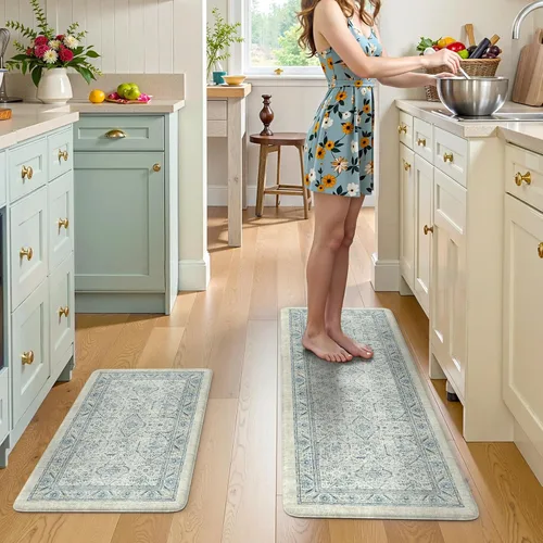 Miniatura 7 de KIMODE Juego de 2 tapetes de cocina antifatiga para piso, tapetes de cocina bohemios vintage, tapetes acolchados antideslizantes y cómodos