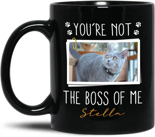 Miniatura 16 de Taza de cerámica negra personalizada para elegir nombre y foto con texto en inglés "Best Cat Dad Ever Just Ask", taza de café personalizada de 11